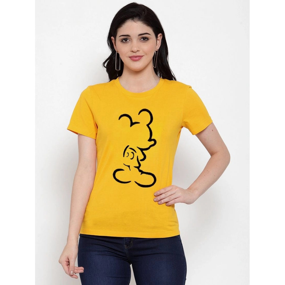 Generic Women's Cotton Blend Mickey Mouse Line Art Printed T-Shirt (Yellow)