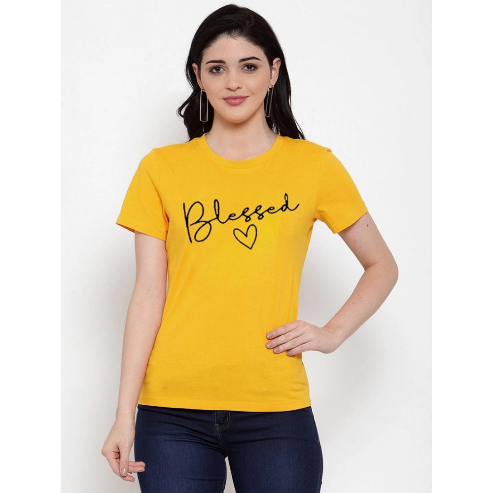 Generic Women's Cotton Blend Blessed Printed T-Shirt (Yellow)