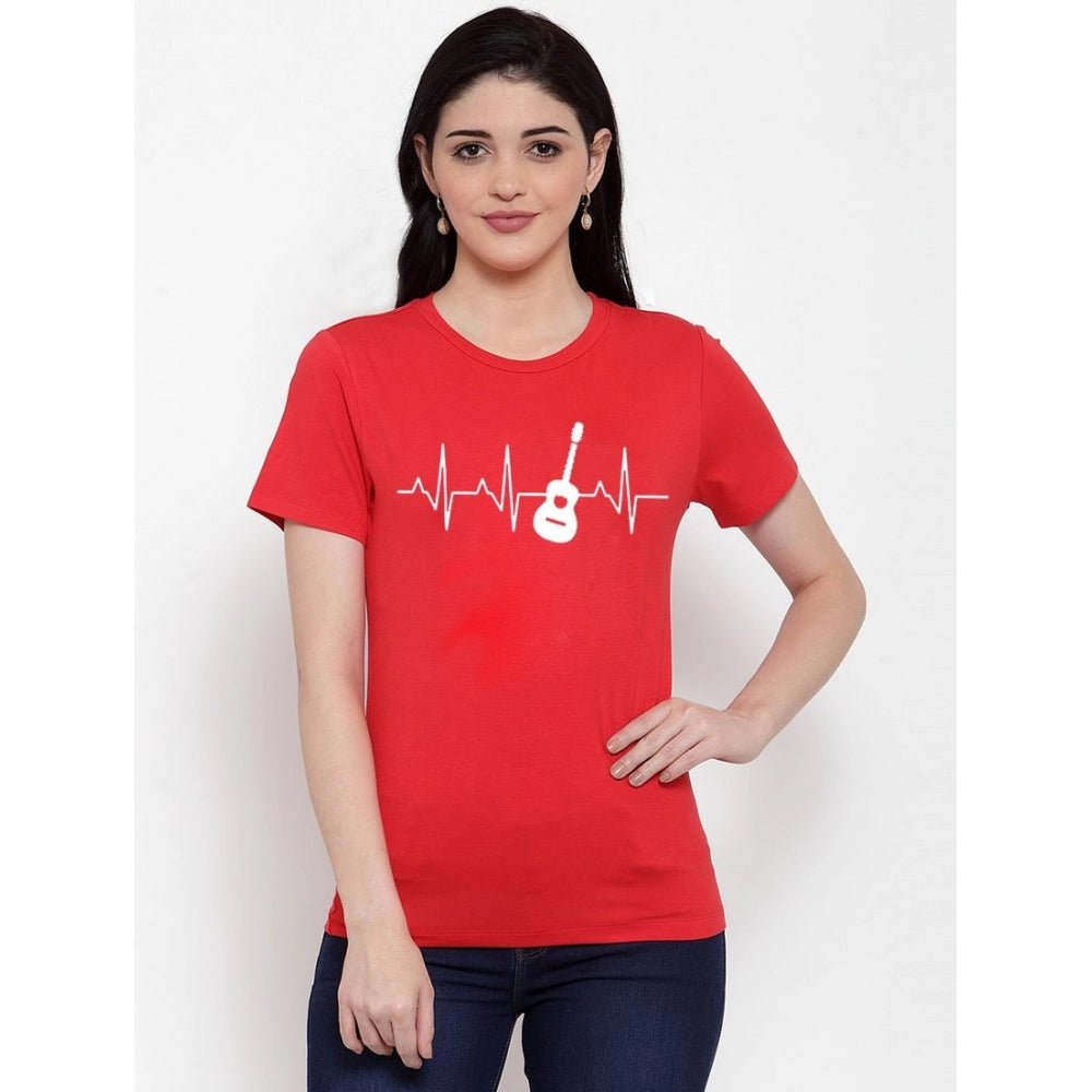 Generic Women's Cotton Blend Bass Guitar Heartbeat Line Art Printed T-Shirt (Red)