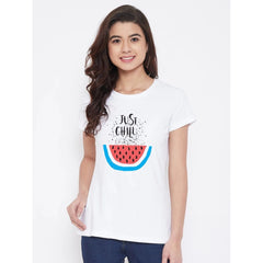 Generisches Damen-T-Shirt mit Aufdruck „Just Chill“ aus Baumwollmischung (weiß)