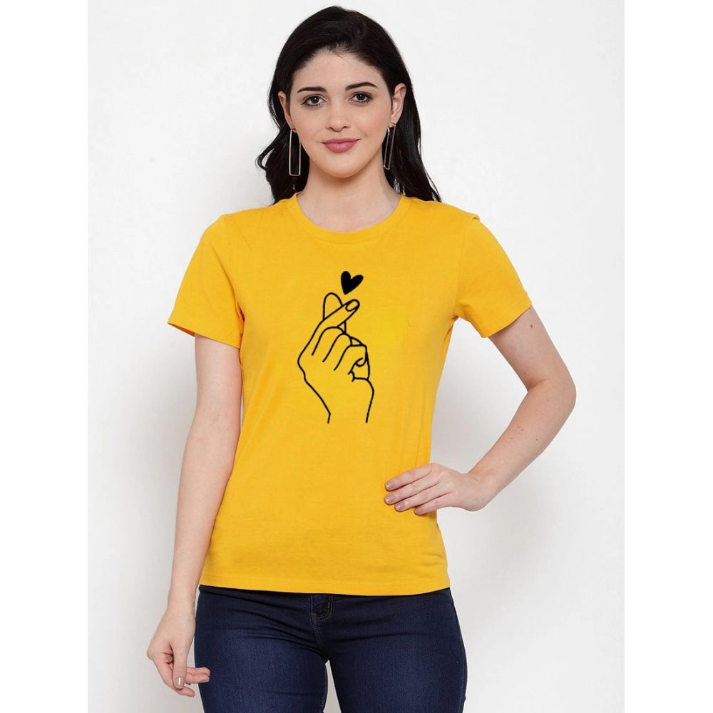 Generic Women's Cotton Blend Hand Heart Line Art Printed T-Shirt (Yellow)