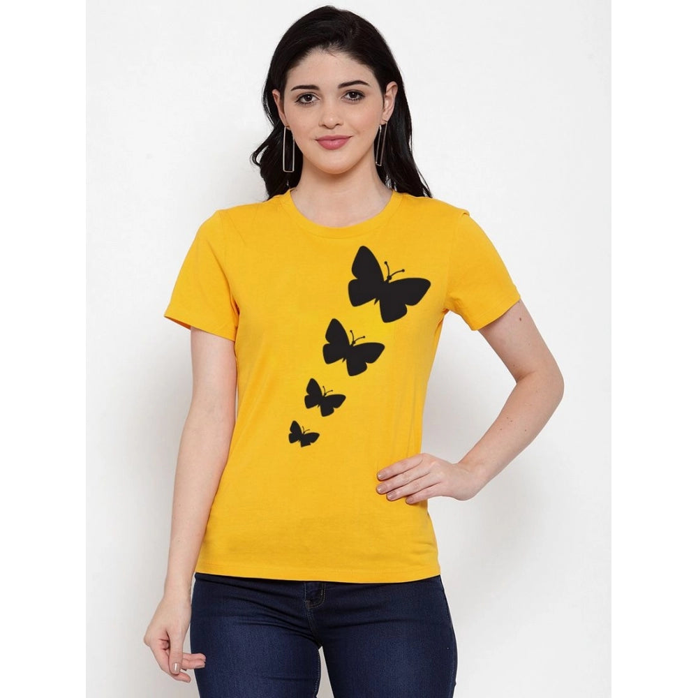 Generisches Damen-T-Shirt aus Baumwollmischung mit Schmetterlings-Aufdruck (Gelb)