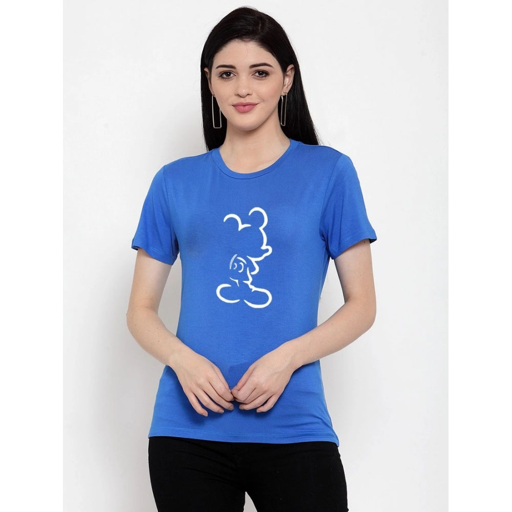 Generic Women's Cotton Blend Mickey Mouse Line Art Printed T-Shirt (Blue)