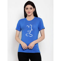 Generic Women's Cotton Blend Mickey Mouse Line Art Printed T-Shirt (Blue)