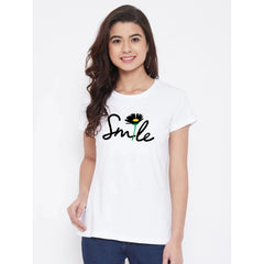 Generic Women's Cotton Blend Smile With Flower Printed T-Shirt (White)