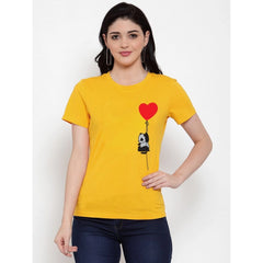 Generic Women's Cotton Blend Panda With Heart Balloon Printed T-Shirt (Yellow)