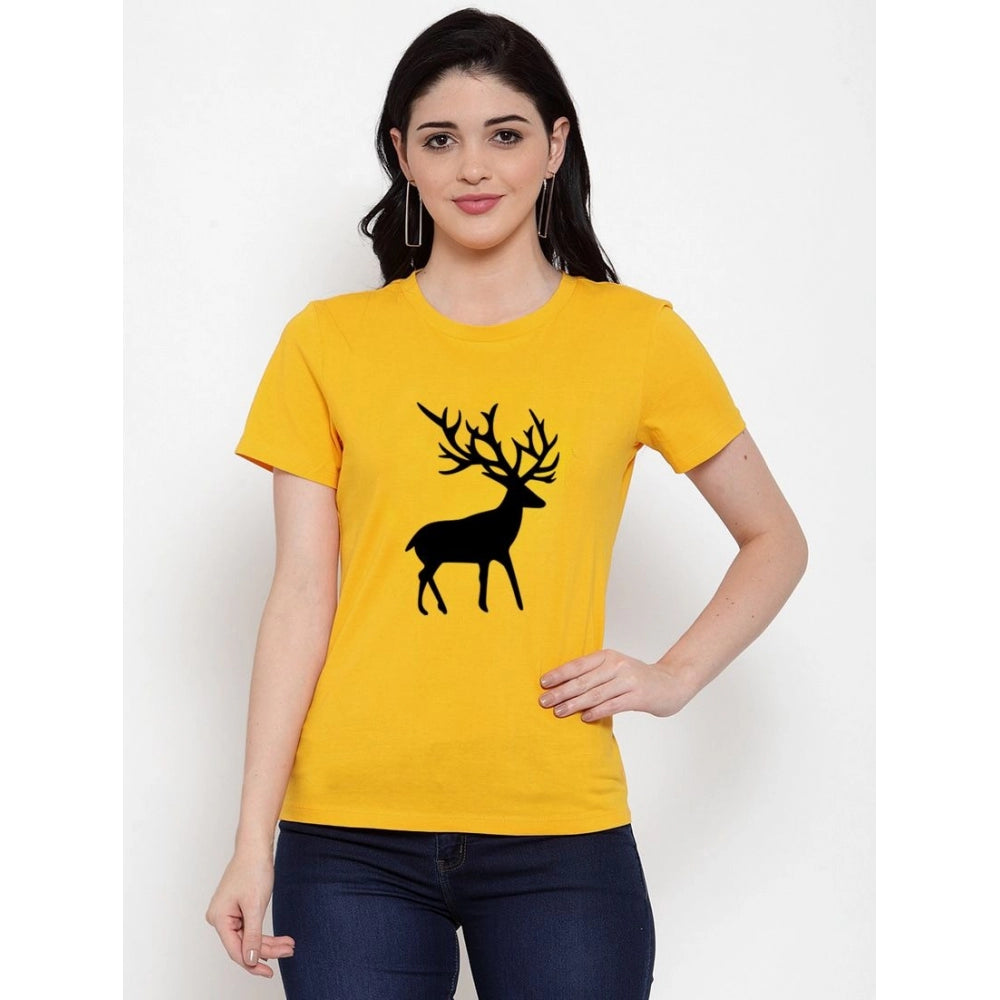 Generic Women's Cotton Blend Deer Printed T-Shirt (Yellow)