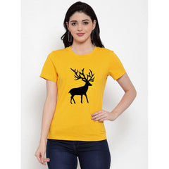 Generic Women's Cotton Blend Deer Printed T-Shirt (Yellow)