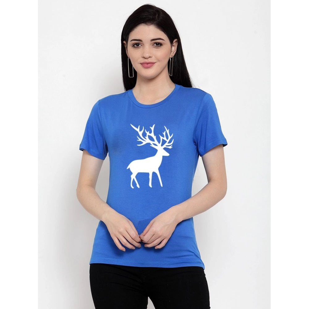 Generisches Damen-T-Shirt aus Baumwollmischung mit Hirsch-Aufdruck (Blau)