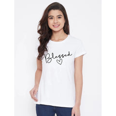 Generic Women's Cotton Blend Blessed Printed T-Shirt (White)