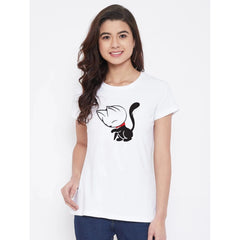 Generic Women's Cotton Blend Cat Printed T-Shirt (White)