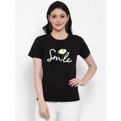 Generic Women's Cotton Blend Smile With Flower Printed T-Shirt (Black)