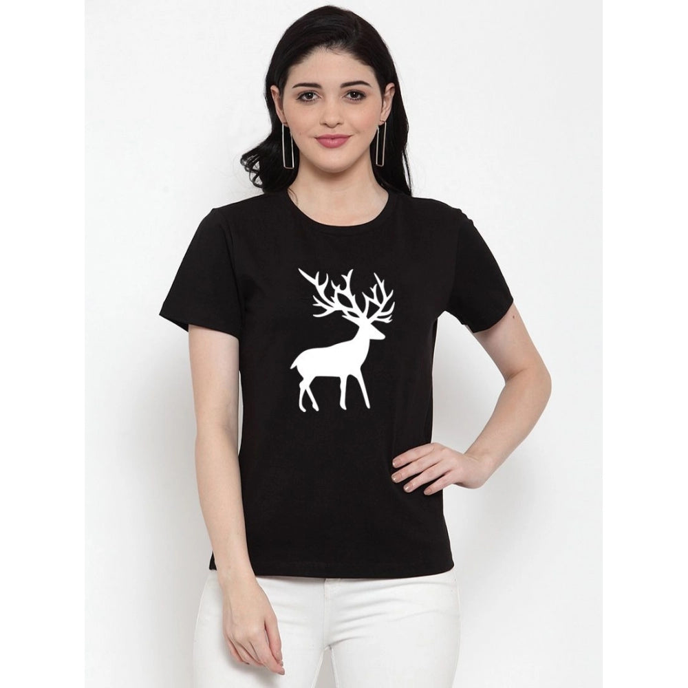 Generic Women's Cotton Blend Deer Printed T-Shirt (Black)