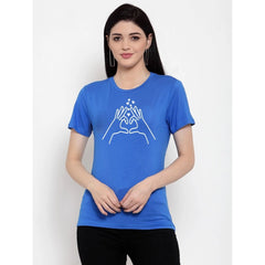 Generic Women's Cotton Blend Heart Hands Line Art Printed T-Shirt (Blue)