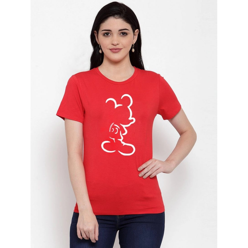 Generic Women's Cotton Blend Hand Heart Line Art Printed T-Shirt (Red)