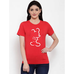 Generic Women's Cotton Blend Mickey Mouse Line Art Printed T-Shirt (Red)