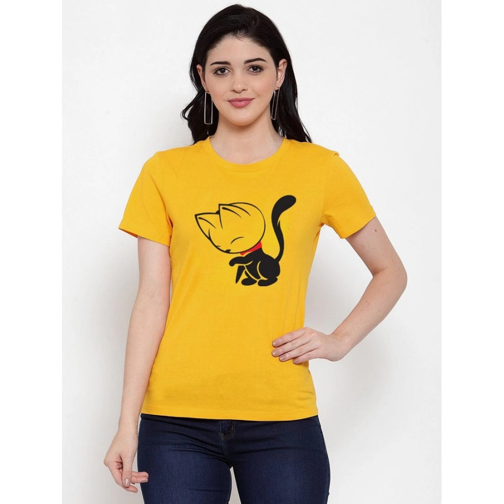 Generic Women's Cotton Blend Cat Printed T-Shirt (Yellow)