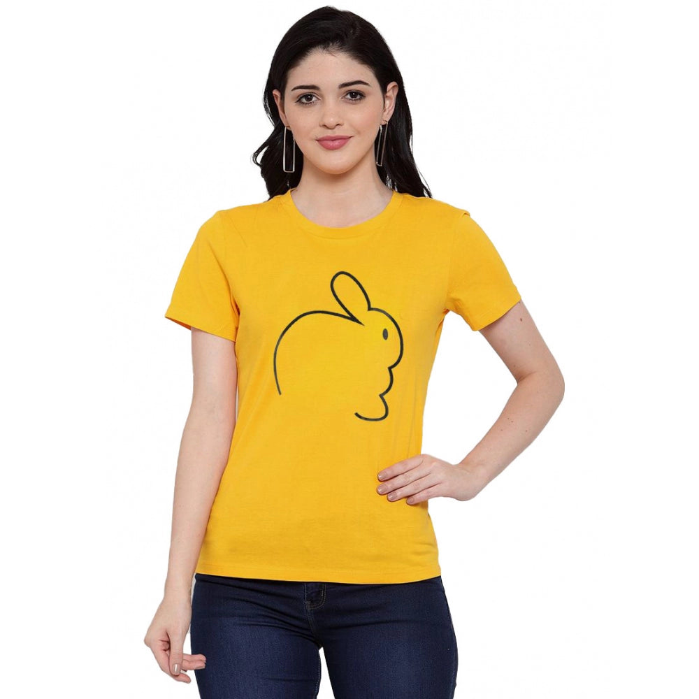 Generisches Damen-T-Shirt aus Baumwollmischung mit Kaninchen-Line-Art-Aufdruck (Gelb)