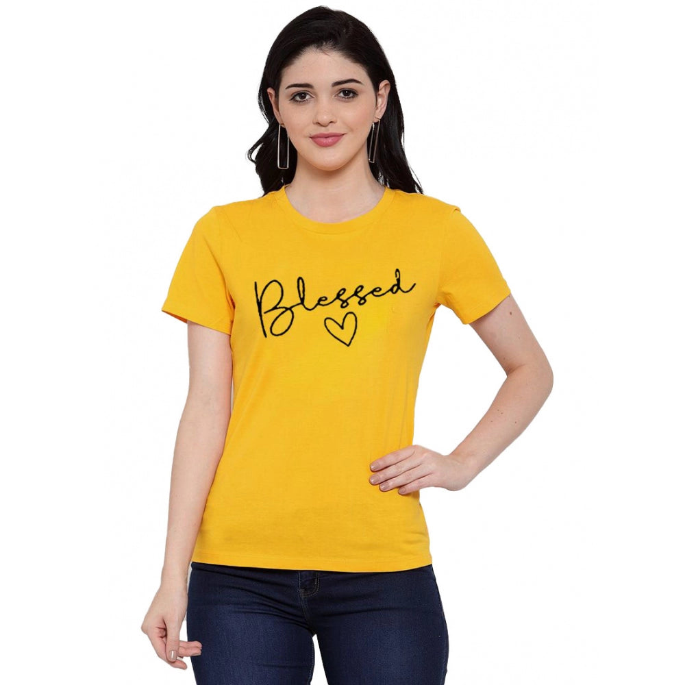 Generic Women's Cotton Blend Blessed Printed T-Shirt (Yellow)