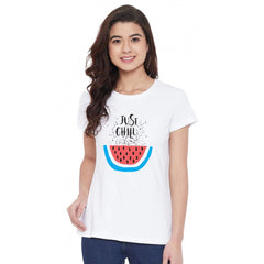 Generisches Damen-T-Shirt mit Aufdruck „Just Chill“ aus Baumwollmischung (weiß)