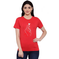 Generic Women's Cotton Blend Hand Heart Line Art Printed T-Shirt (Red)