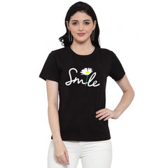 Generic Women's Cotton Blend Smile With Flower Printed T-Shirt (Black)