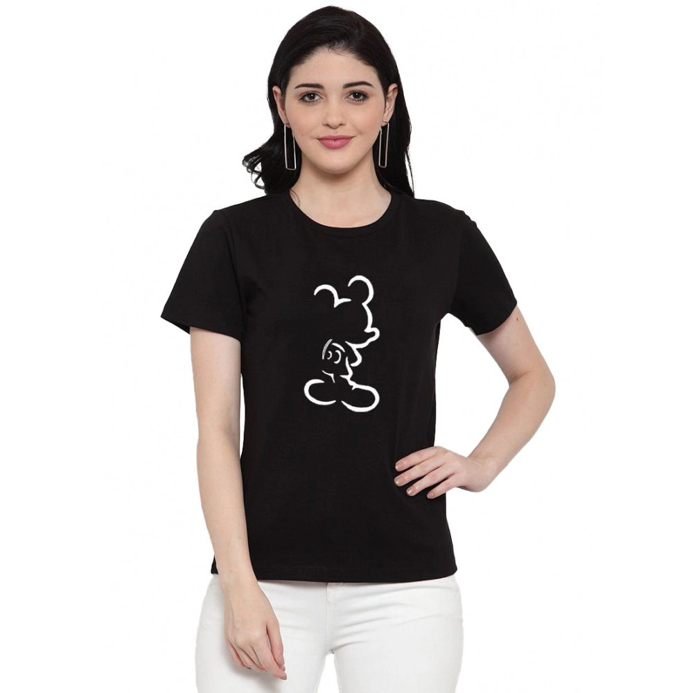 Generic Women's Cotton Blend Mickey Mouse Line Art Printed T-Shirt (Black)