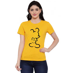 Generic Women's Cotton Blend Mickey Mouse Line Art Printed T-Shirt (Yellow)