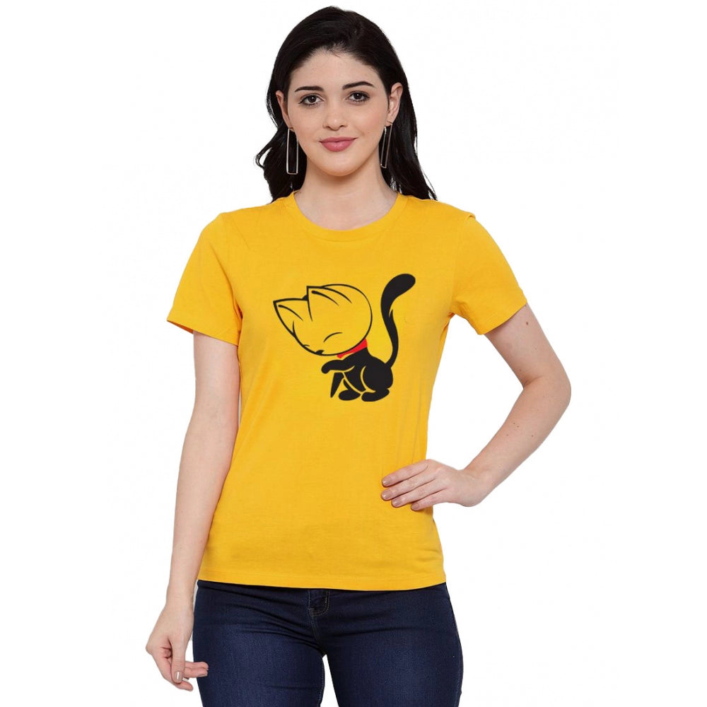 Generisches Damen-T-Shirt aus Baumwollmischung mit Katzen-Aufdruck (Gelb)