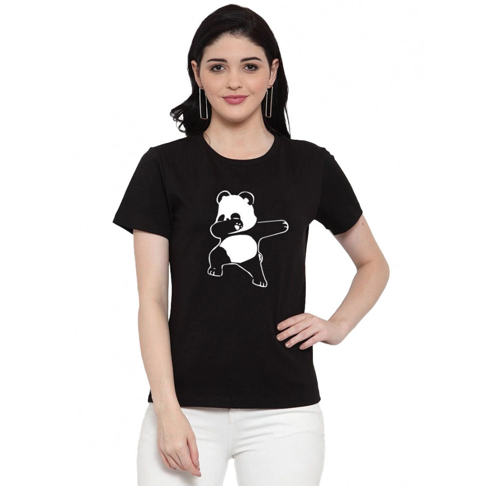 Generic Women's Cotton Blend Dancing Panda Printed T-Shirt (Black)