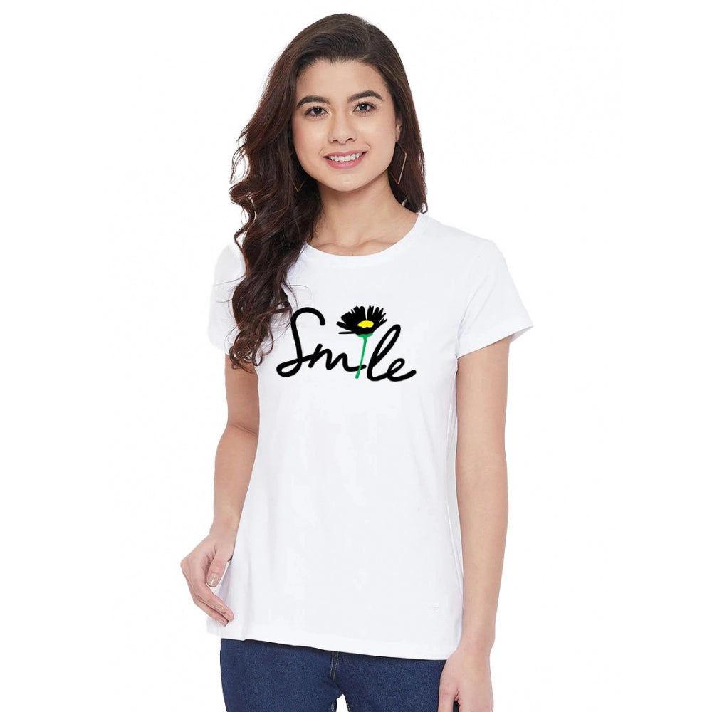 Generic Women's Cotton Blend Smile With Flower Printed T-Shirt (White)