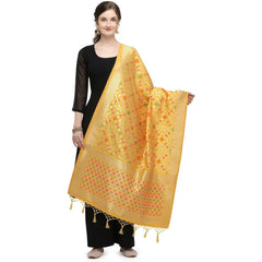 Generic Women's Silk Pure Zari weaving Duppatta (Mustard Yellow, Length: 2-2.3 Mtrs)