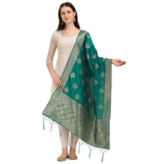 Generic Women's Silk Pure Zari weaving Duppatta (Green, Length: 2-2.3 Mtrs)