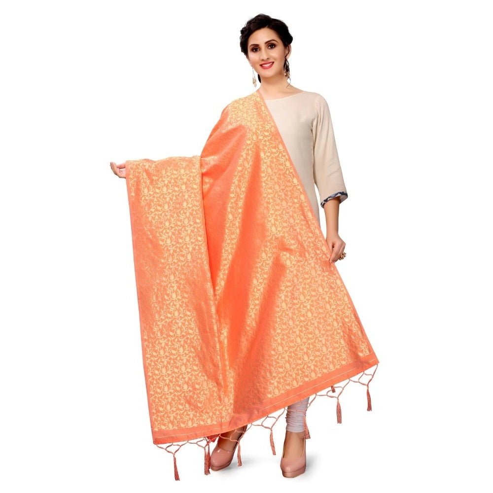 Generic Women's Silk Pure weaving Work Duppatta (Orange, Length: 2-2.3 Mtrs)