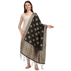 Generic Women's Silk Pure Zari weaving Duppatta (Black, Length: 2-2.3 Mtrs)