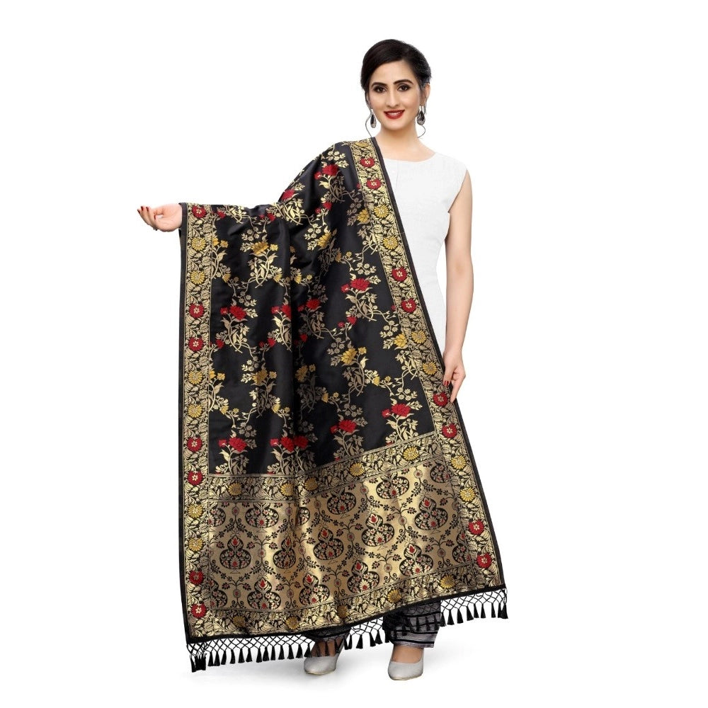 Generic Women's Silk Pure Zari weaving Duppatta (Black, Length: 2-2.3 Mtrs)