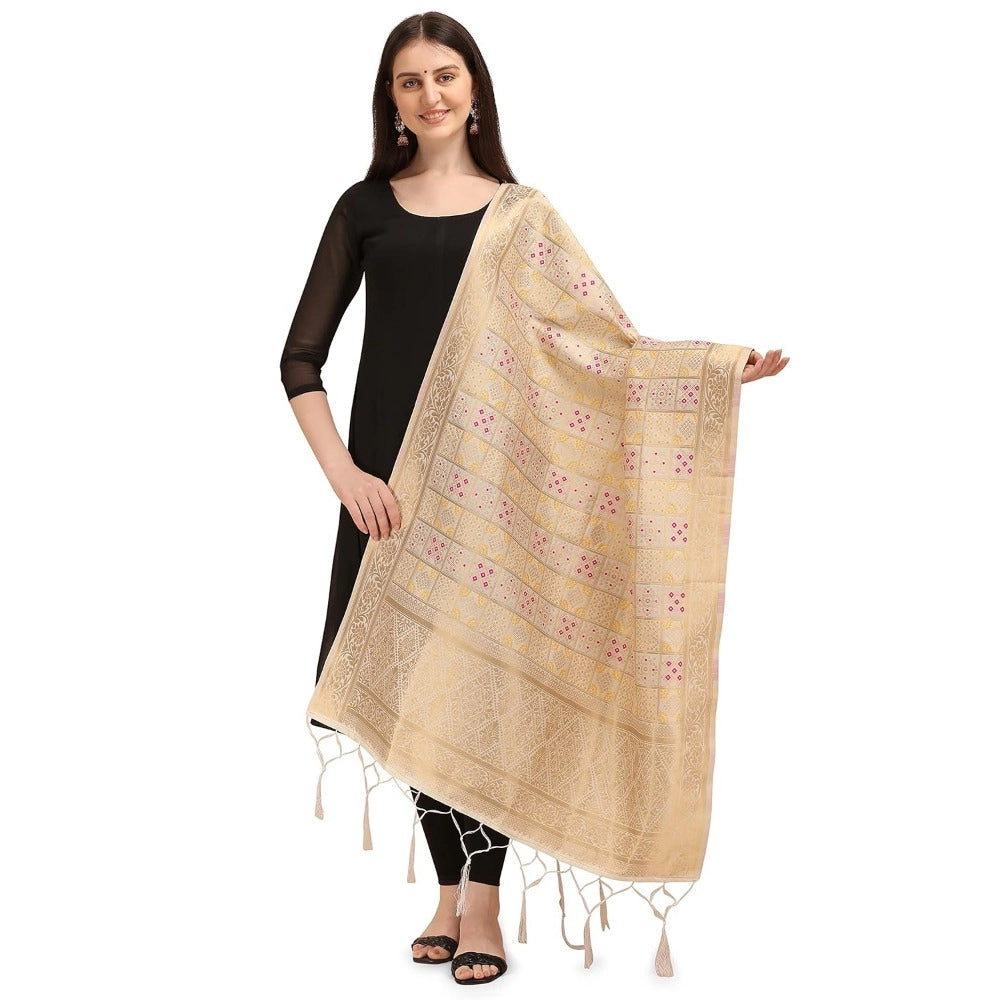 Generic Women's Silk Pure weaving Work Duppatta (Off White, Length: 2-2.3 Mtrs)