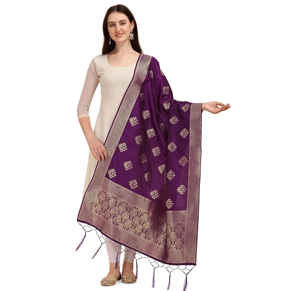 Generic Women's Silk Pure Zari weaving Duppatta (Purple, Length: 2-2.3 Mtrs)