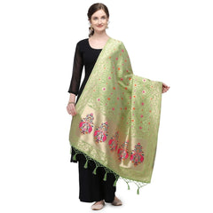 Generic Women's Silk Pure Zari weaving Duppatta (Light Green, Length: 2-2.3 Mtrs)