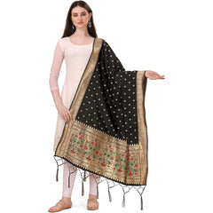 Generic Women's Silk Pure Zari weaving Duppatta (Black, Length: 2-2.3 Mtrs)