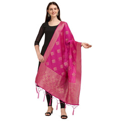 Generic Women's Silk Pure Zari weaving Duppatta (Pink, Length: 2-2.3 Mtrs)