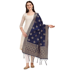 Generic Women's Silk Pure Zari weaving Duppatta (Navy Blue, Length: 2-2.3 Mtrs)