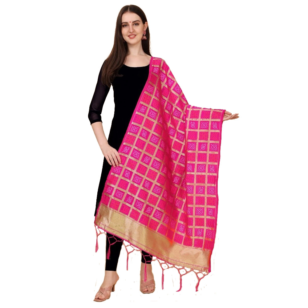 Generic Women's Silk Pure weaving Work Duppatta (Pink, Length: 2-2.3 Mtrs)