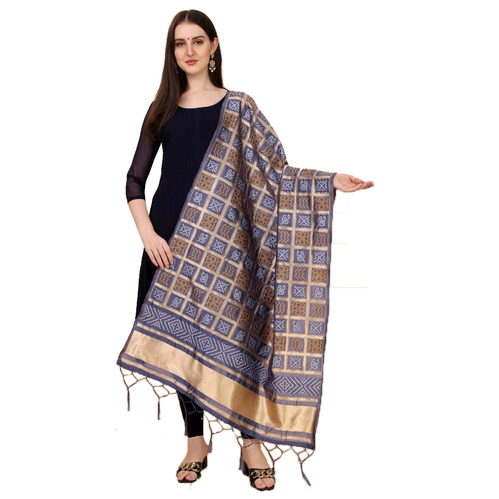 Generic Women's Silk Pure weaving Work Duppatta (Grey, Length: 2-2.3 Mtrs)