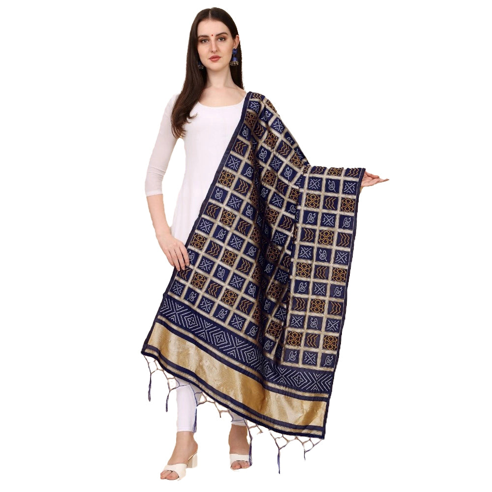 Generic Women's Silk Pure weaving Work Duppatta (Navy Blue, Length: 2-2.3 Mtrs)