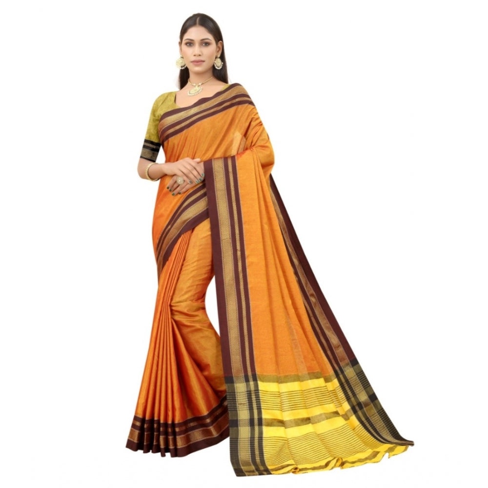 Generic Women's Cotton Blend Woven Design Kanjeevaram Saree With Unstitched Blouse (Orange)