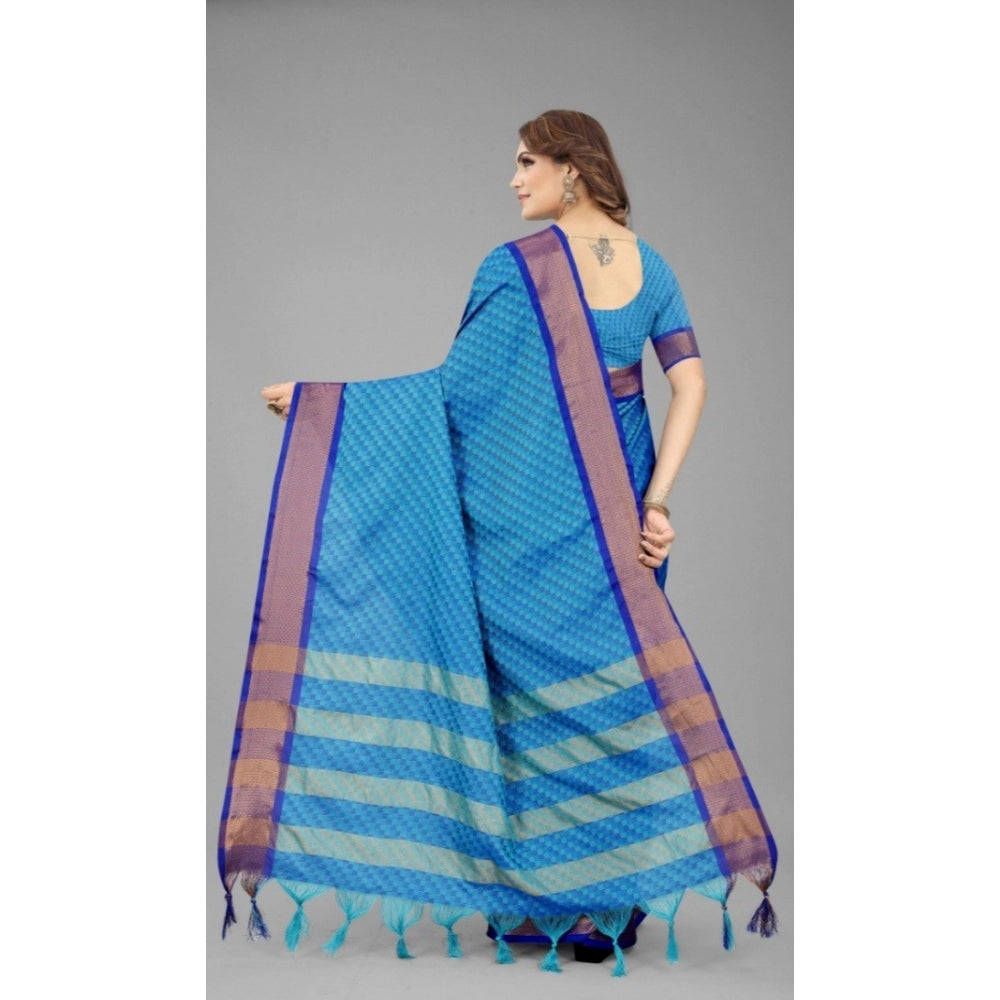 Generic Women's Art Silk Woven Design Sambhalpuri Saree With Unstitched Blouse (Blue)