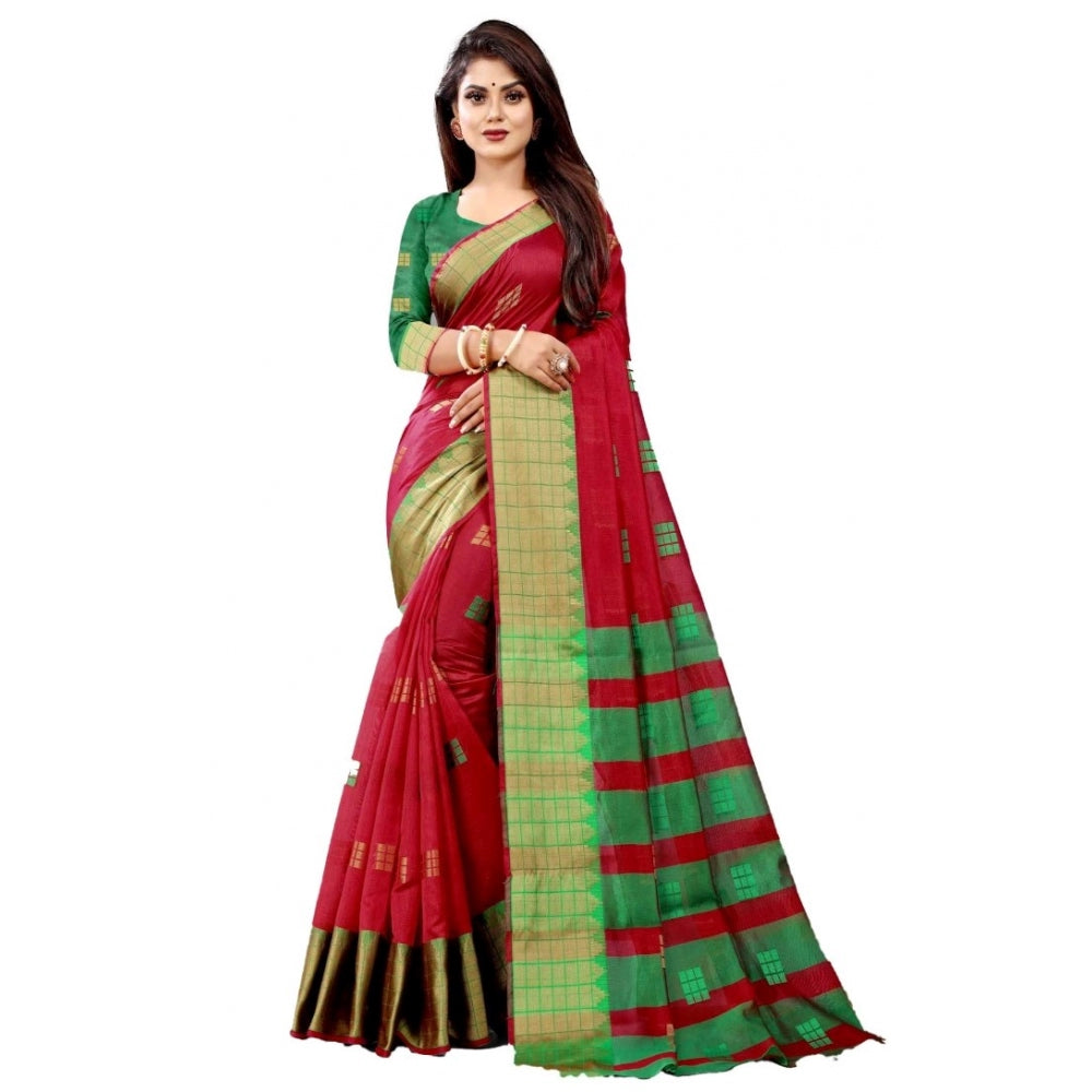 Generic Women's Art Silk Woven Design Venkatgiri Saree With Unstitched Blouse (Red)