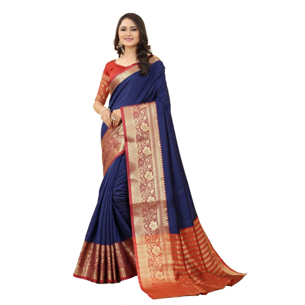 Generic Women's Cotton Silk Woven Design Kanjeevaram Saree With Unstitched Blouse (Blue)