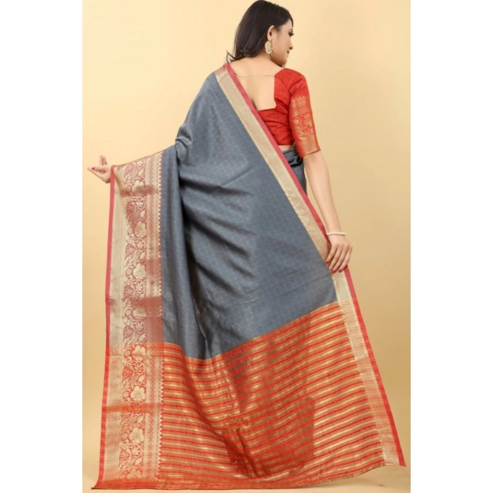 Generic Women's Cotton Silk Woven Design Kanjeevaram Saree With Unstitched Blouse (Grey)